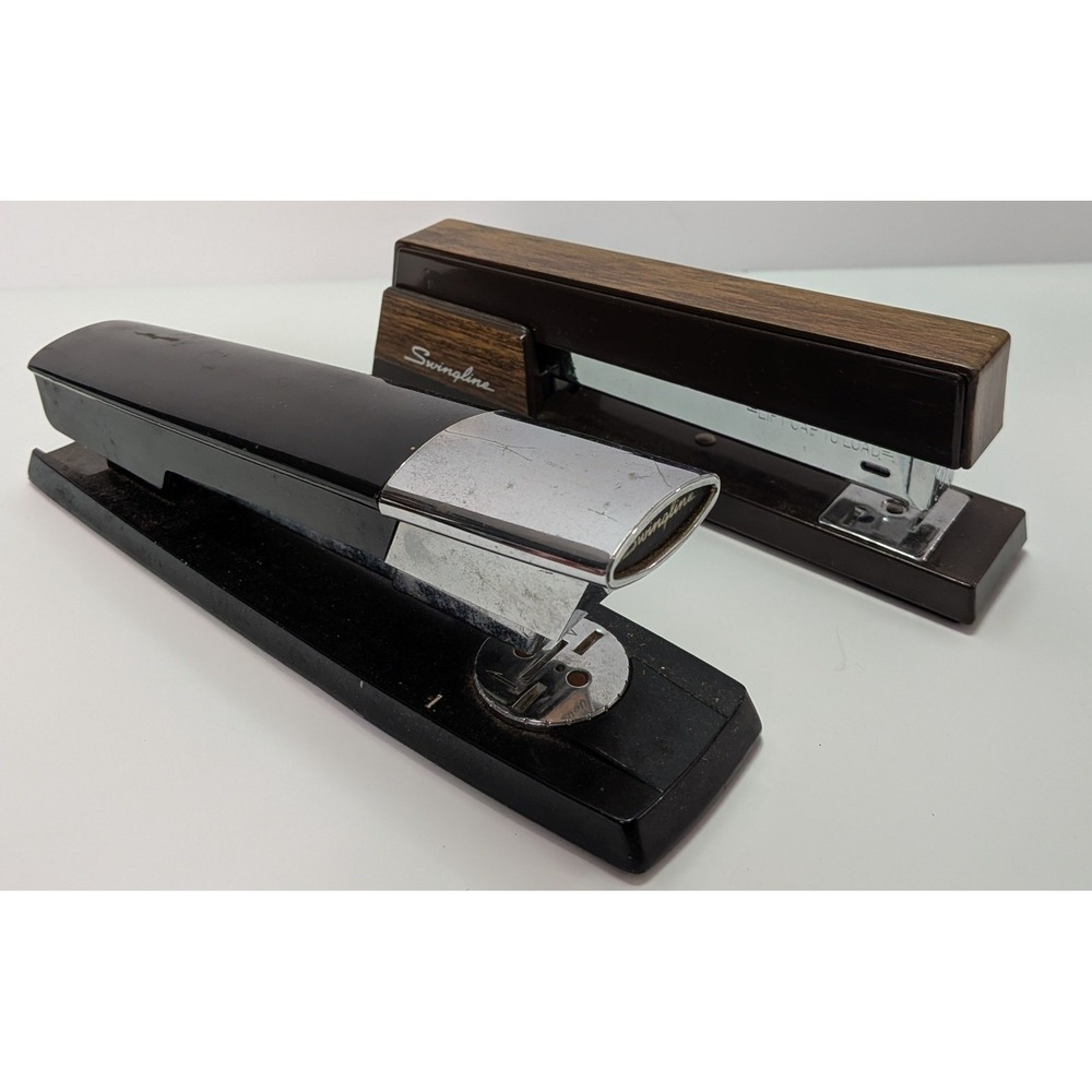 Swingline Stapler Set Vintage Black Chrome Brown Woodgrain Good Desktop Office